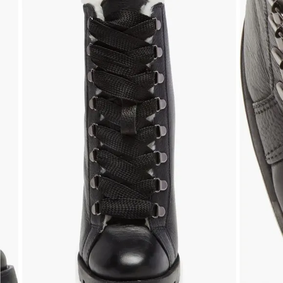 New! Schutz Zhara Black Leather SherpaLined Heeled Lace Up Boots Black