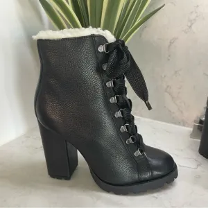 New! Schutz Zhara Black Leather SherpaLined Heeled Lace Up Boots Black