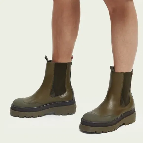 NEW SCOTCH &amp; SODA Made In Portugal Leather Chelsea Boots khaki green 364tn