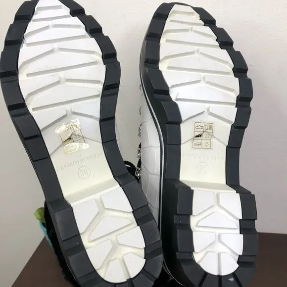 NEW Sigerson Morrison Macre2 White Black Leather Faux Fur Lace Up Winter Boots