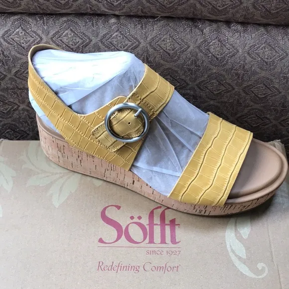 new Sofft Womens Faedra Yellow Leather Ankle Strap Platform Sandals Shoes  4T2