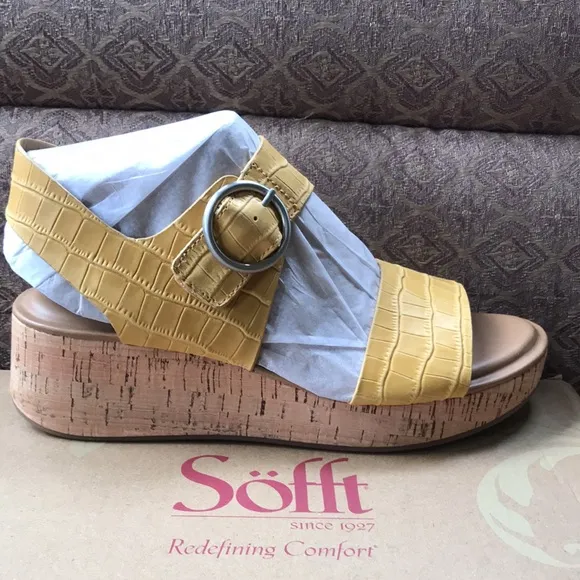 new Sofft Womens Faedra Yellow Leather Ankle Strap Platform Sandals Shoes  4T2