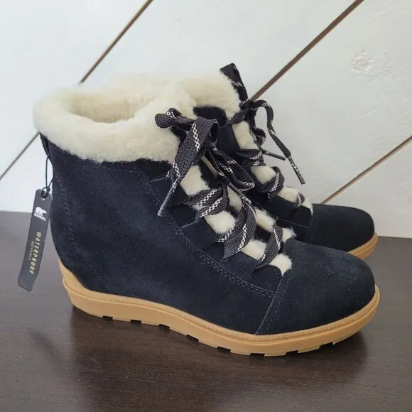 NEW Sorel Evie II Cozy Womens 9 Waterproof Wedge Boots Suede, Faux Fur Lining