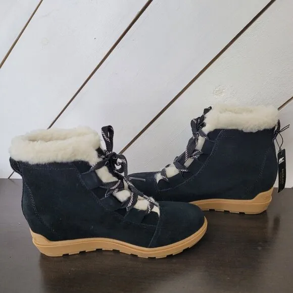 NEW Sorel Evie II Cozy Womens 9 Waterproof Wedge Boots Suede, Faux Fur Lining