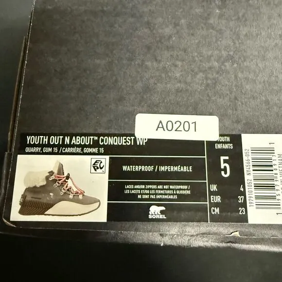 New Sorel Youth Out N About Conquest Waterproof Boots 5 Quarry Gum 15