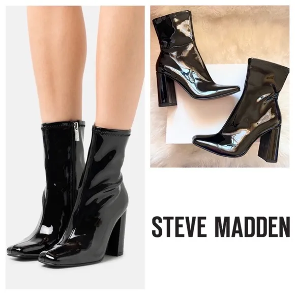 New! STEVE MADDEN Fulton Square Heel Patent Faux Leather Ankle Boots