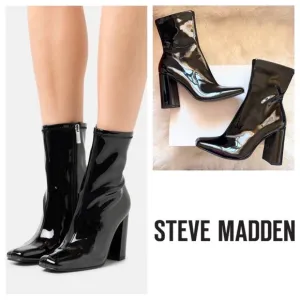 New! STEVE MADDEN Fulton Square Heel Patent Faux Leather Ankle Boots