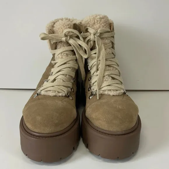 NEW Steve Madden Reyen Boots Womens 9M Oatmeal Beige Leather Faux Fur