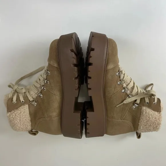NEW Steve Madden Reyen Boots Womens 9M Oatmeal Beige Leather Faux Fur