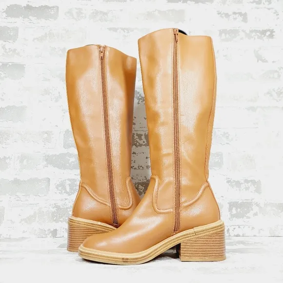 NEW STEVEN by Steve Madden Calda Brown Leather Block Heel Knee-High Boots V223