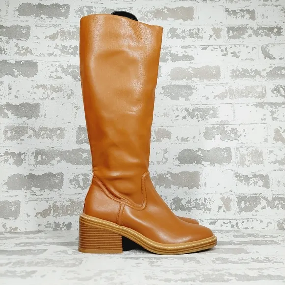 NEW STEVEN by Steve Madden Calda Brown Leather Block Heel Knee-High Boots V223