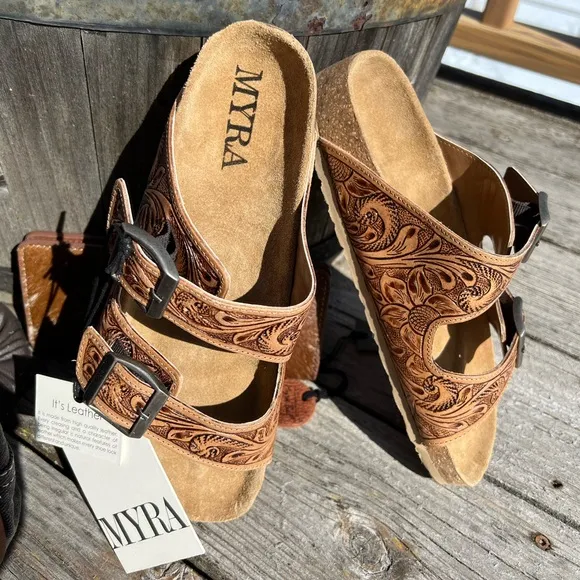 New Summer Myra Bag Handmade Tooled Genuine Leather Spring Sandals Sz 6,7,8,9,10