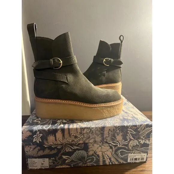 NEW Ulla Johnson Lennox Beech Suede Ankle Buckle Platform Boots US SZ 5.5 EUR 35