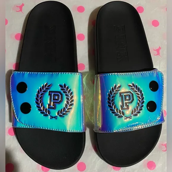 New Victoria’s Secret PINK slides snap pink slides flip flops pink sandals holo