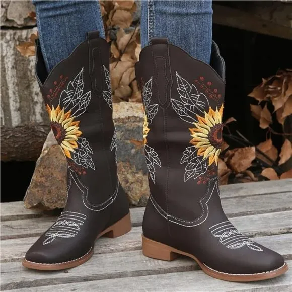 NEW Women's Sunflower Cowgirl Boots, Square Toe Western Embroidery Mid Calf
