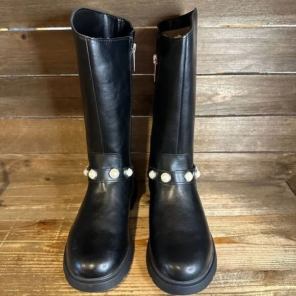 NIB Big Girls Marc Fisher Poppy Pearl Black‎ Faux Leather Knee High Boots Size 4