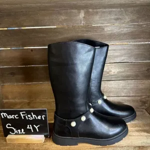 NIB Big Girls Marc Fisher Poppy Pearl Black‎ Faux Leather Knee High Boots Size 4
