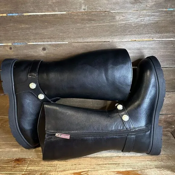 NIB Big Girls Marc Fisher Poppy Pearl Black‎ Faux Leather Knee High Boots Size 4