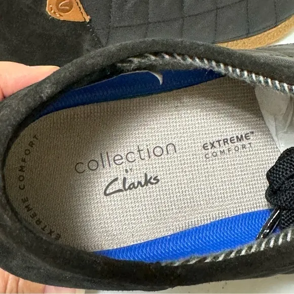 NIB Clarks Shacre II Step Moc Slip-On Suede Textile Loafers Black Size 12 Wide