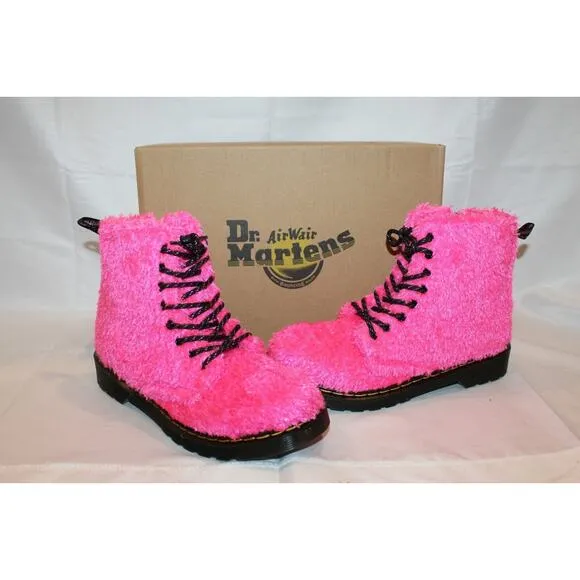 NIB Dr. Martens Junior 1460 Pascal Pink Tinsel Fur Lace Up Boots Size Youth 3‎