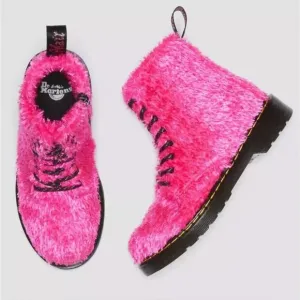 NIB Dr. Martens Junior 1460 Pascal Pink Tinsel Fur Lace Up Boots Size Youth 3‎