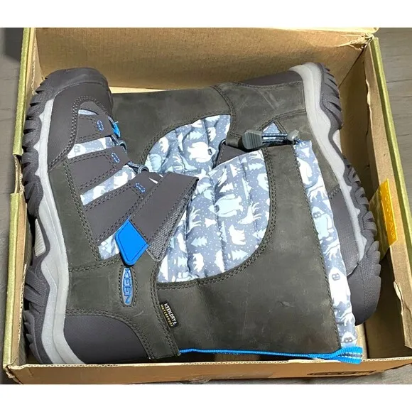 NIB KEEN Big Kids Sz 2 Snow Boots Winterport Neo Insulated Waterproof Grey Blue