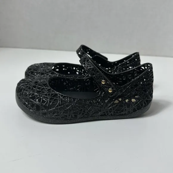 NIB Mini Melissa Campana Little Girls Black/Silver Glitter ZigZag Mary Jane Sz 9