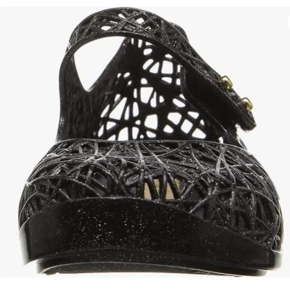 NIB Mini Melissa Campana Little Girls Black/Silver Glitter ZigZag Mary Jane Sz 9