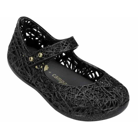 NIB Mini Melissa Campana Little Girls Black/Silver Glitter ZigZag Mary Jane Sz 9