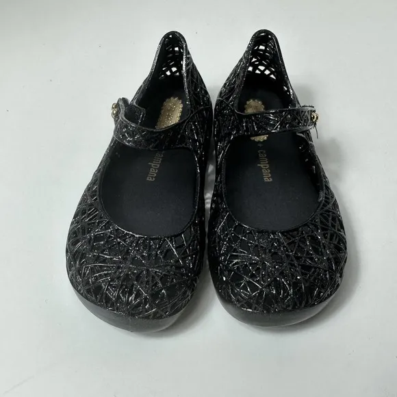 NIB Mini Melissa Campana Little Girls Black/Silver Glitter ZigZag Mary Jane Sz 9
