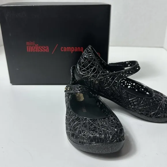 NIB Mini Melissa Campana Little Girls Black/Silver Glitter ZigZag Mary Jane Sz 9