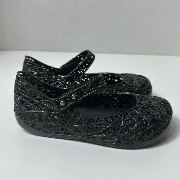 NIB Mini Melissa Campana Little Girls Black/Silver Glitter ZigZag Mary Jane Sz 9