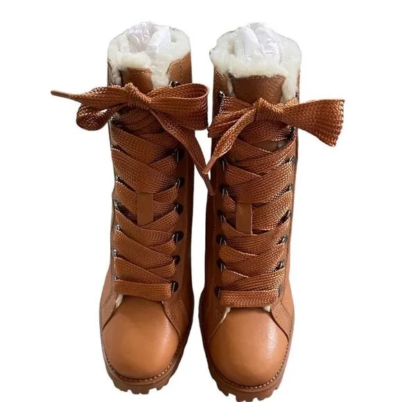 NIB Schutz Zhara Winter Leather Heeled Booties With Faux Fur Lining Size 8.5