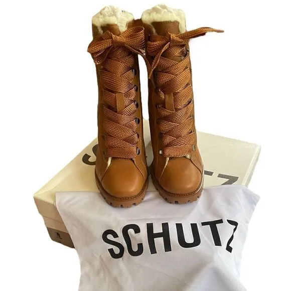NIB Schutz Zhara Winter Leather Heeled Booties With Faux Fur Lining Size 8.5