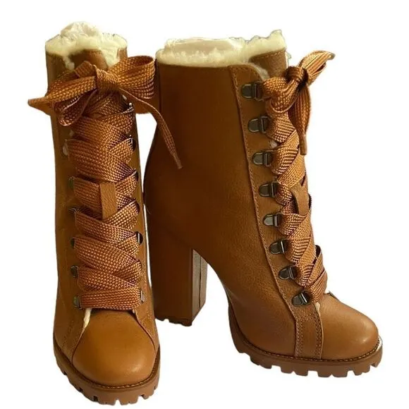 NIB Schutz Zhara Winter Leather Heeled Booties With Faux Fur Lining Size 8.5