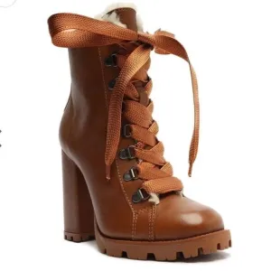 NIB Schutz Zhara Winter Leather Heeled Booties With Faux Fur Lining Size 8.5
