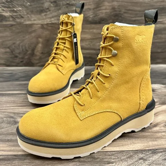 NIB Sorel Hi Line Lace 9.5 Waterproof Leather Lug Sole Combat Boots Geo Yellow