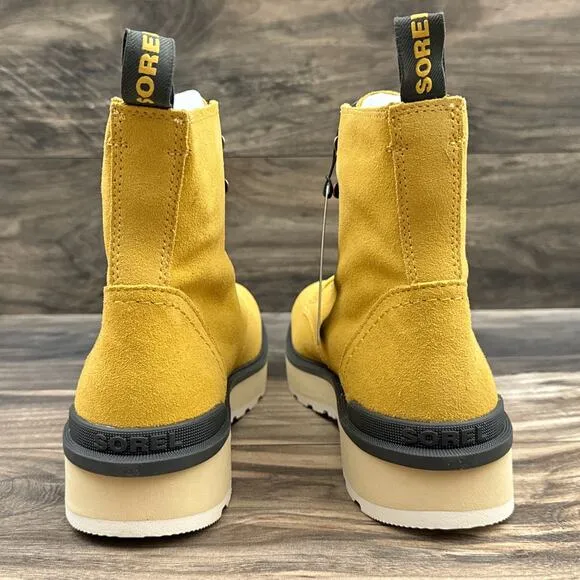 NIB Sorel Hi Line Lace 9.5 Waterproof Leather Lug Sole Combat Boots Geo Yellow