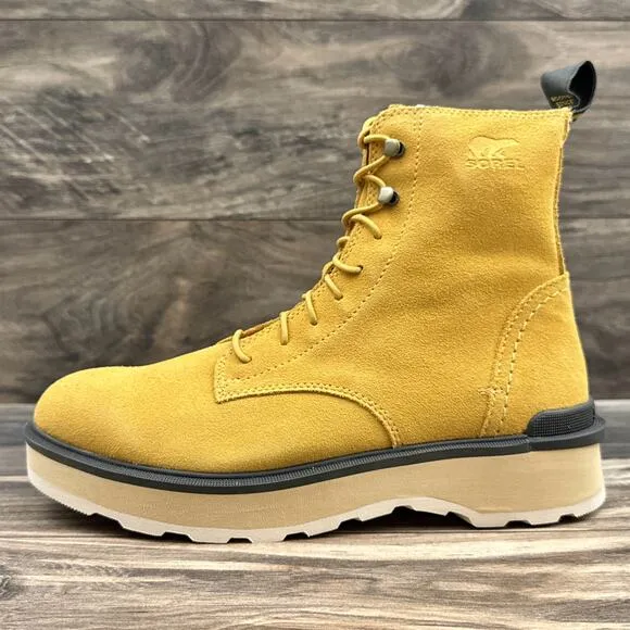 NIB Sorel Hi Line Lace 9.5 Waterproof Leather Lug Sole Combat Boots Geo Yellow