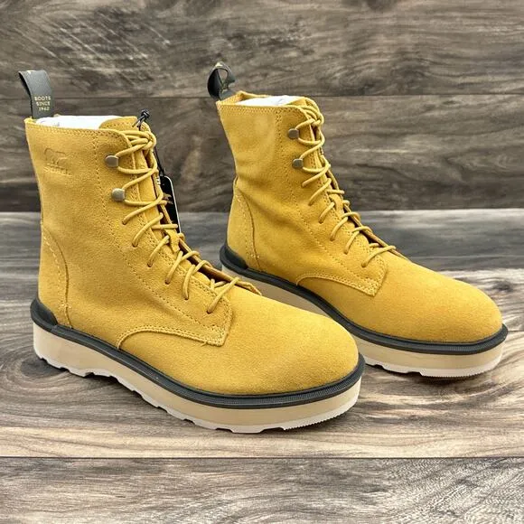 NIB Sorel Hi Line Lace 9.5 Waterproof Leather Lug Sole Combat Boots Geo Yellow