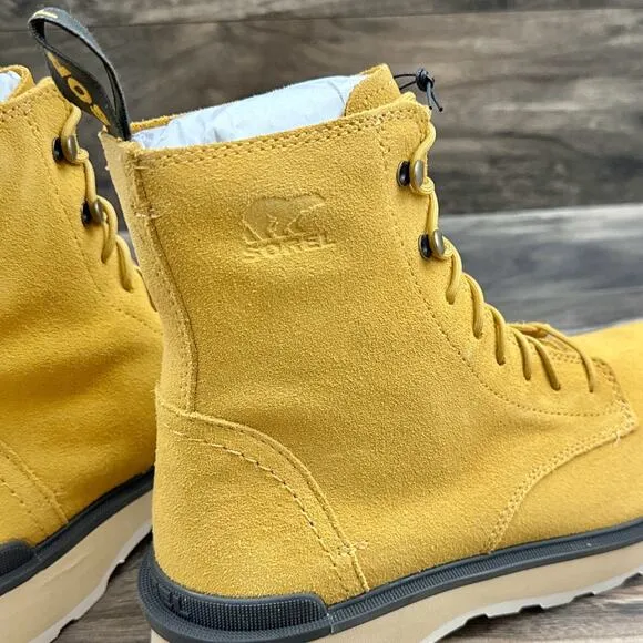 NIB Sorel Hi Line Lace 9.5 Waterproof Leather Lug Sole Combat Boots Geo Yellow