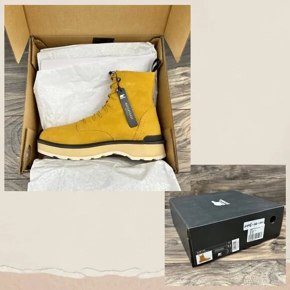 NIB Sorel Hi Line Lace 9.5 Waterproof Leather Lug Sole Combat Boots Geo Yellow