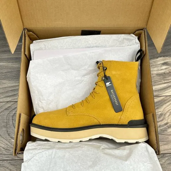 NIB Sorel Hi Line Lace 9.5 Waterproof Leather Lug Sole Combat Boots Geo Yellow
