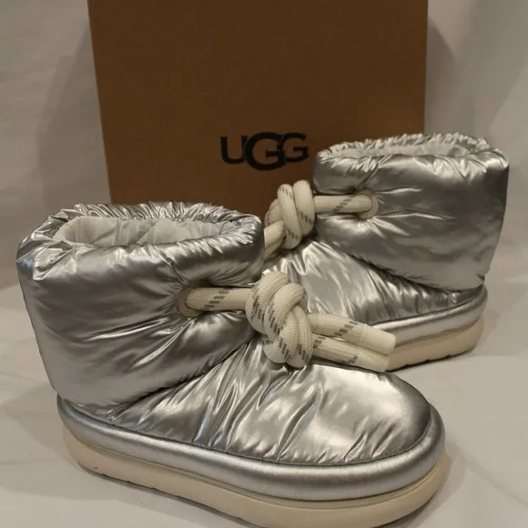NIB‎ UGG PUFFER MINI WATERPROOF ANKLE TIE BOOTS SILVER 8