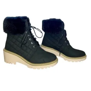 Nicole Miller New York Black Quilted Faux Fur Lace Up Latte Boots-Size 6 1/2
