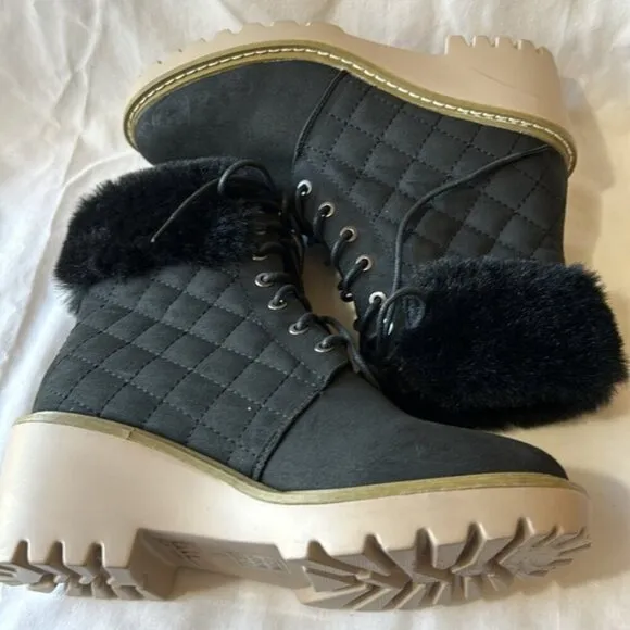 Nicole Miller New York Black Quilted Faux Fur Lace Up Latte Boots-Size 6 1/2