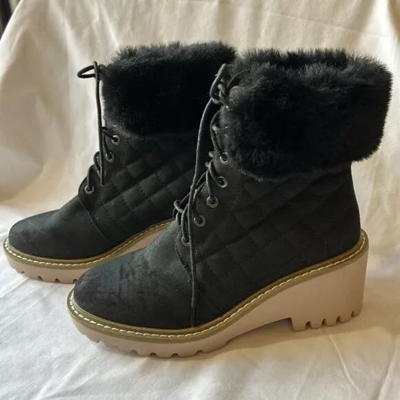 Nicole Miller New York Black Quilted Faux Fur Lace Up Latte Boots-Size 6 1/2