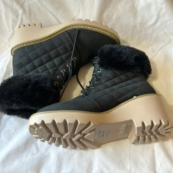 Nicole Miller New York Black Quilted Faux Fur Lace Up Latte Boots-Size 6 1/2