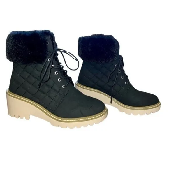 Nicole Miller New York Black Quilted Faux Fur Lace Up Latte Boots-Size 6 1/2