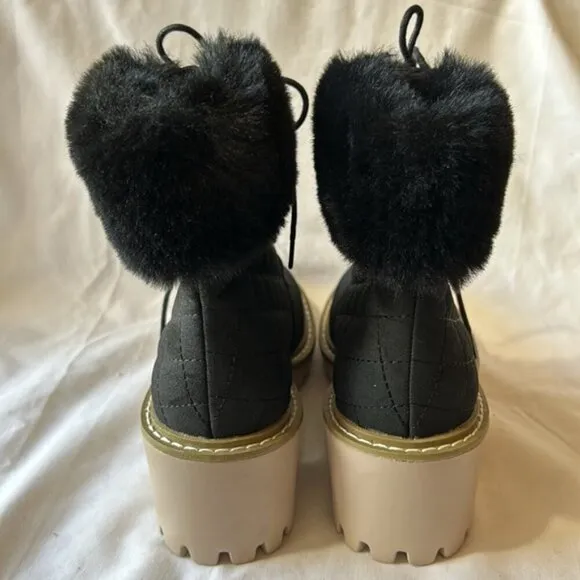 Nicole Miller New York Black Quilted Faux Fur Lace Up Latte Boots-Size 6 1/2